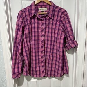 Bit & Bridle Western Pearl Snap Top Size XL Purple Plaid Embroidered Horses